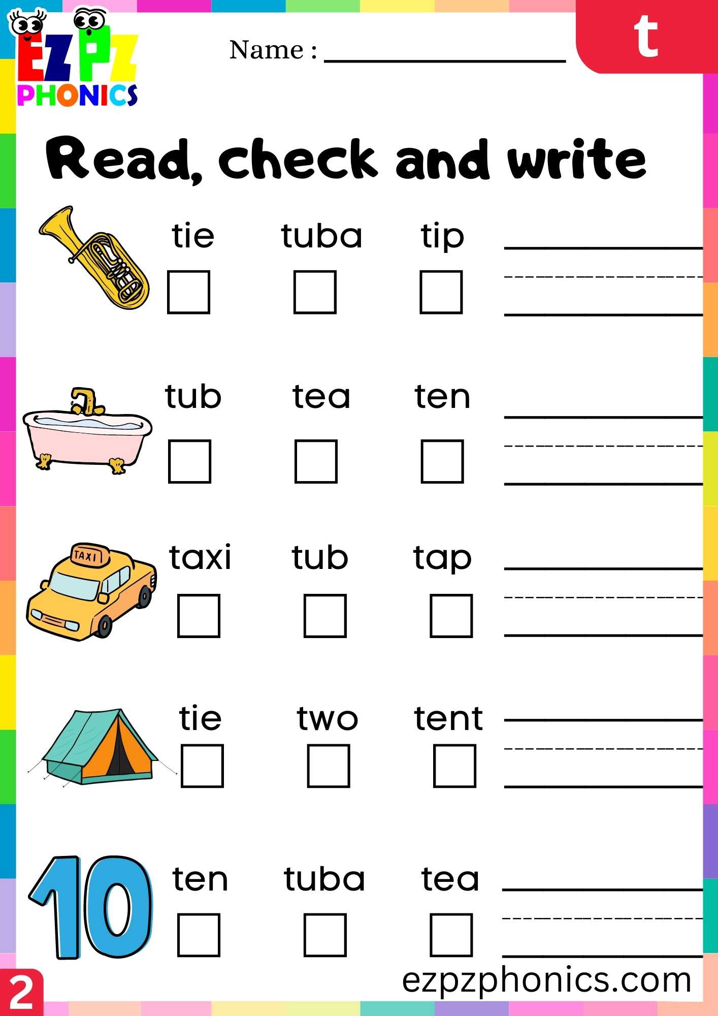 Group2 Letter T Read, Check And Write Beginning Sounds Worksheet